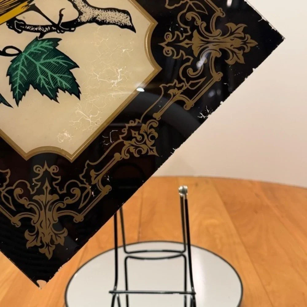 Vintage Reverse Painted Clock Glass – Bird Panel w/ Ornate Gold Border Vertical